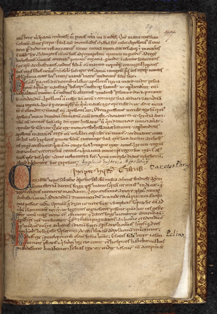 A Latin manuscript on parchment. The end board visible around the margins of the page block is red with a gold decorative design on it.