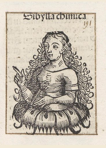 A medieval woodblock print of the Cimmerian Sibyl depicted as a middle aged woman with long flowing hair wearing medieval European dress